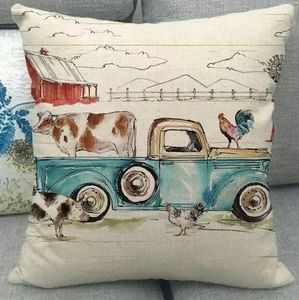 Classic Truck Pillow Cover. Cow Pig Rooster Farm Windmill